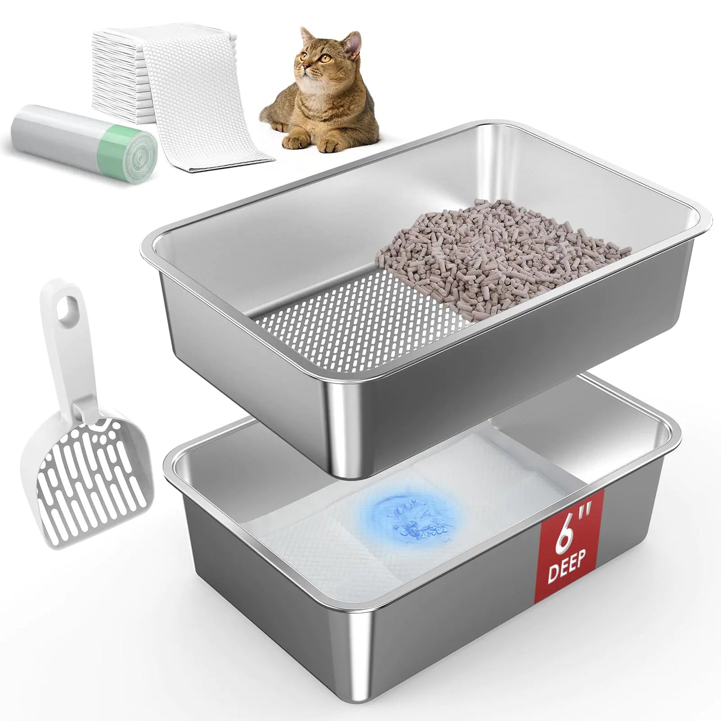 TailWaggers™  Stainless Steel Litter Box Open Top Sifting Litter Box