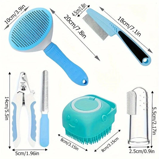 TailWaggers™ 7 Pack Pet Grooming Set, Hair Removal Comb For Dog, Flea Comb, Dog Shampoo Brush, Pet Nail Clippers, Dog Toothbrush Set