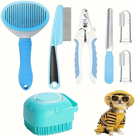 TailWaggers™ 7 Pack Pet Grooming Set, Hair Removal Comb For Dog, Flea Comb, Dog Shampoo Brush, Pet Nail Clippers, Dog Toothbrush Set