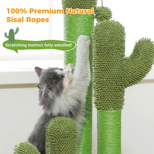 TailWaggers™ Cactus Cat Scratching Post for Indoor Cats Tall Cat Scratcher with 3 Sisal Scratching Poles Interactive Dangling Ball Cat Toys